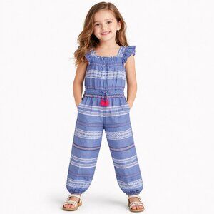 Boden Girls Size 5-6 Yr Boho Summer Romper Pants Blue Pink Embroidered Tassel
